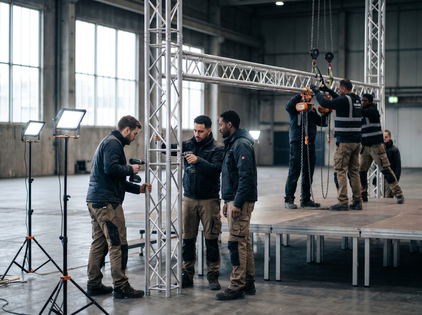 ELTEKK-Crew beim Aufbau einer Bühne mit Traversen