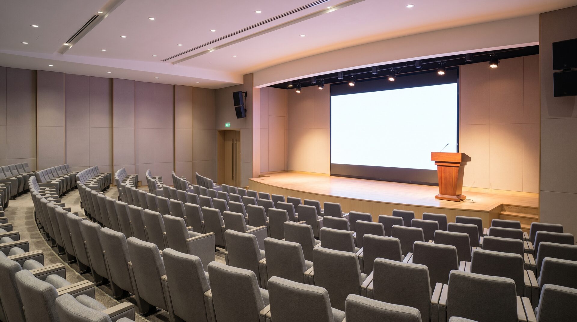 Konferenz mit Bühne und Leinwand