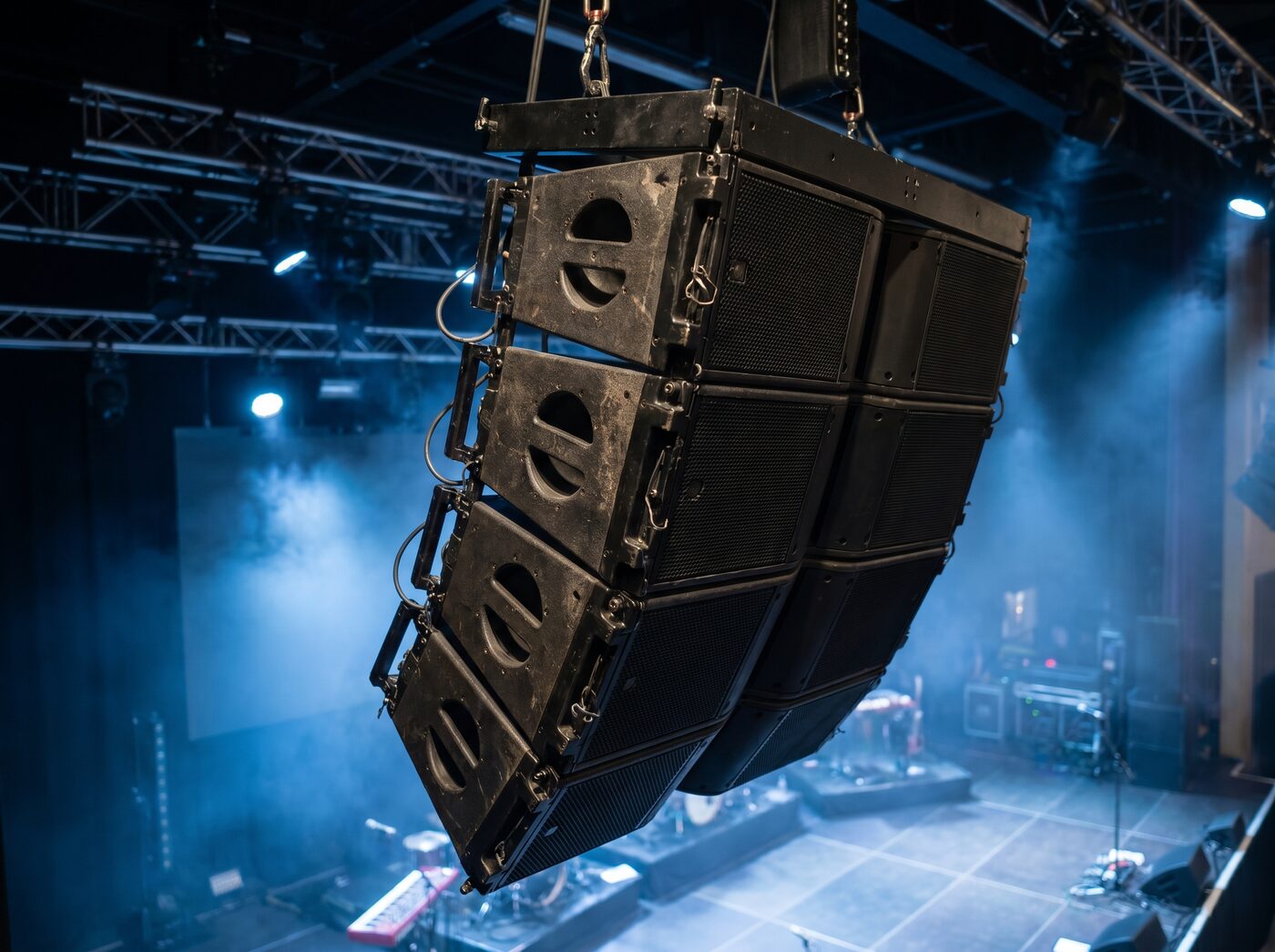 Line-Array-Lautsprecher über einer Konzertbühne
